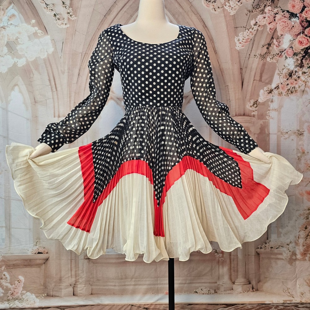 Vintage 60s Lilli Diamond Polka Dot Pleated Cocktail Dress Navy Blue White Red